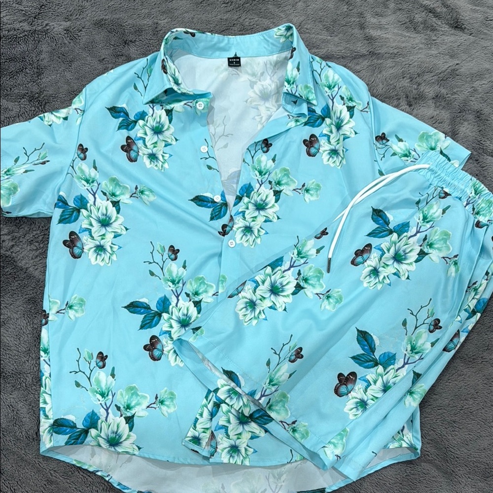 SHEIN Blue and Green Casual Button Down Shirt SET